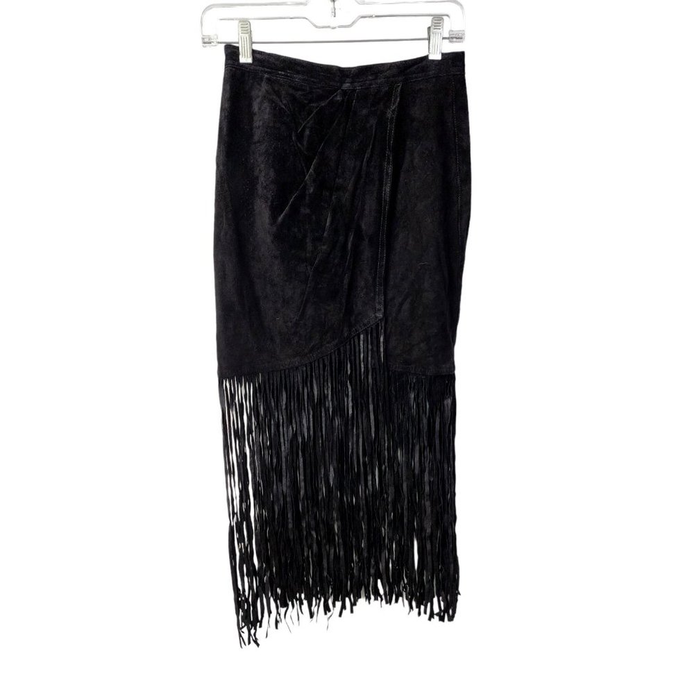 Henri Bendel Black Suede Leather Pencil Skirt Moto Rocker Western Fringe Size 6